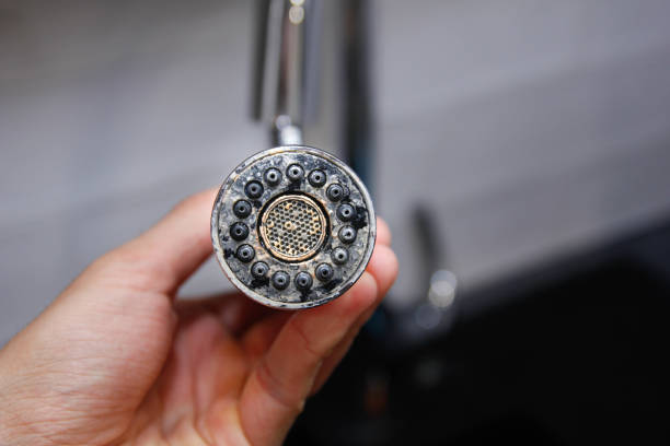 Showerhead clogged with hard water mineral buildup and limescale deposits